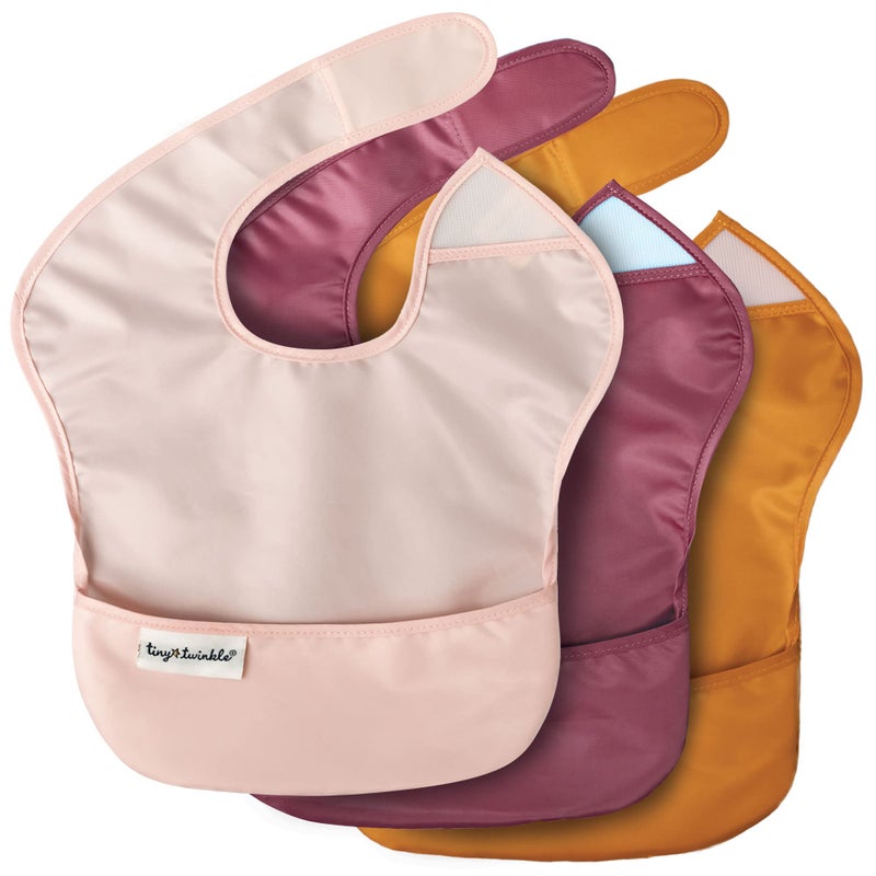 Tiny Twinkle Mess Proof Baby Bibs for Eating - Waterproof, Wipeable Toddler Bibs with Pocket - Baby Food Bibs for Girls & Boys(3 Pack,Blush, Burgundy) - Image 1